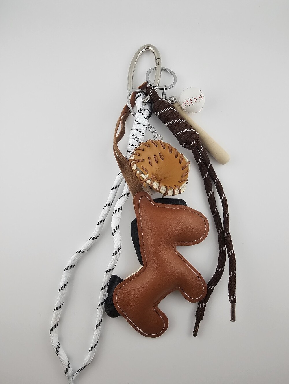 Brown Leather Dog Keychain with Baseball Charm